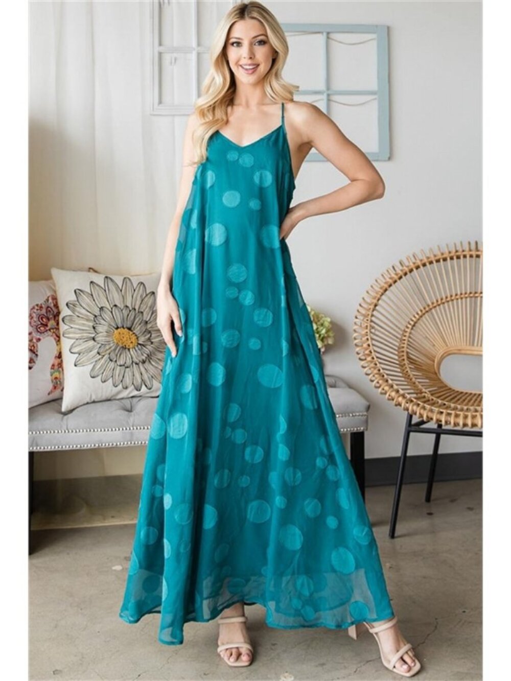 CY Fashion Turquoise Burnout Polka Dot Chiffon Maxi Dress Size S M or L